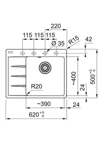 Мийка кухонна Centro, фраграніт, прямокутник, з крилом, 620х500х200мм, чаша - 1, накладна, CNG 611-62 TL, FRANKE (315604559)