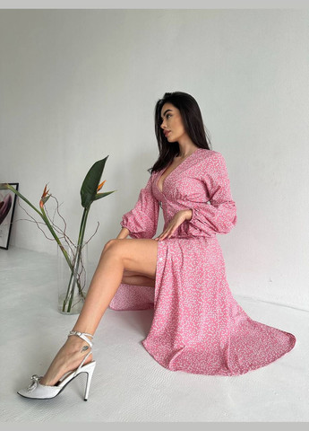 Розовое яркое лёгкое летнее платье в мелкую точку из качественной ткани: супер софт, миди платье с рукавом и открытым декольте No Brand