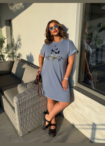 Серое летнее женское платье с рисунком серого цвета 33491 платье-футболка Fashion с цветочным принтом