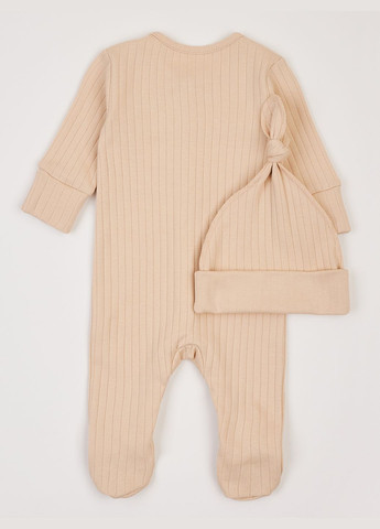 Бежевый комплект для малышей человечек и шапочка-узелок бежевый широкая полоска KRAKO