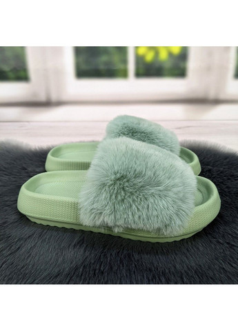 Оливковые шлепанцы женские меховые на пенковой подошке Fashion