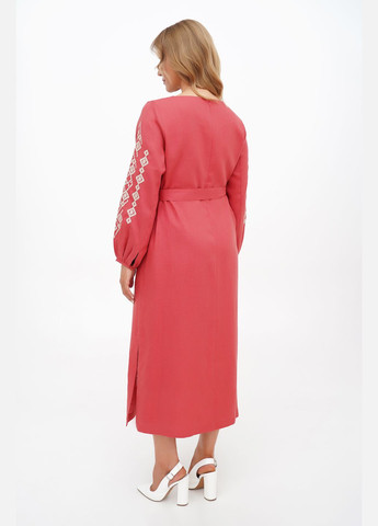 Червона вільна пряма максі сукня-вишиванка з льону з геометричним орнаментом та мереживом тіра., р., код 0351/44/1642 ГАЛЕРЕЯ ЛЬОНУ