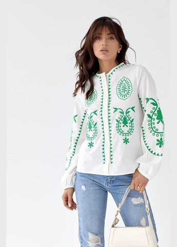 Белая вышитая хлопковая блузка с длинными рукавами. ESQ хлопок (320800689)