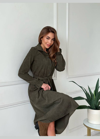 Серое платье миди с поясом и карманами No Brand