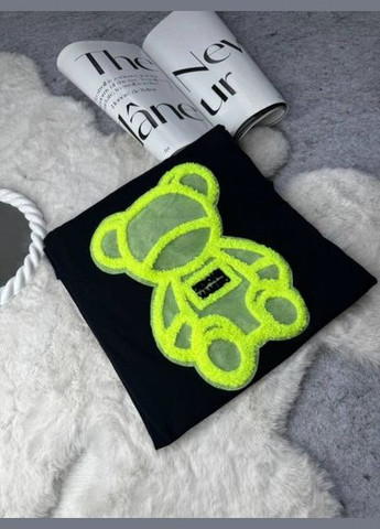 Футболка женская оверсайз с салатовым мишкой, черная, удлиненная (арт. 755) No Brand - (350886145)