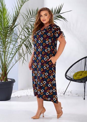 Темно-синее повседневный, кэжуал платье макси штапельное с короткими рукавами колокол, а-силуэт No Brand с геометрическим узором