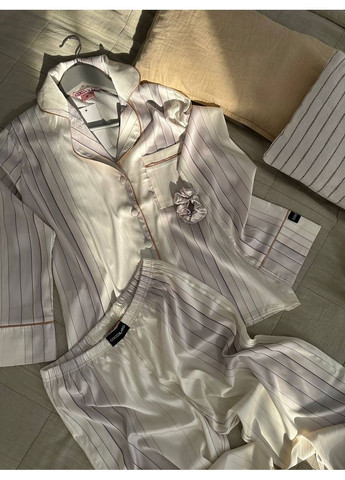 Белая всесезон женская пижама | белая с кантом рубашка + брюки Vital-Textile 1270