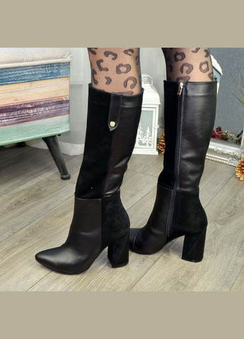 Чоботи жіночі чорні на високих підборах, натуральна шкіра та замша. 38 розмір Vasha para (303931395)