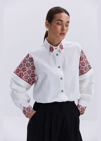 Молочная женская рубашка-вышиванка молочная с черными геометрическими узорами Arjen лен (330988507)