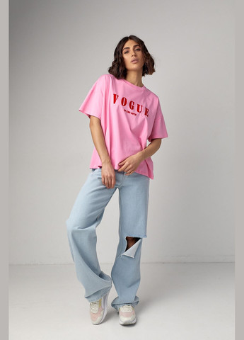 Рожева літня жіноча футболка oversize з написом vogue - рожевий Lurex