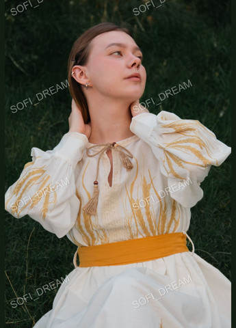 Молочное женское вышитое платье "колосья" с акцентным поясом ESQ