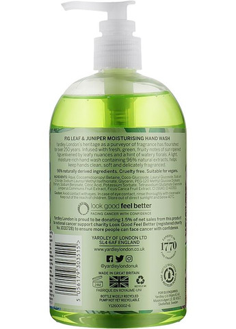 Средство для мытья рук "Fig Leaf & Juniper" Fig Leaf & Juniper Moisturising Hand Wash 500ml (993558-51226) Yardley (368613035)