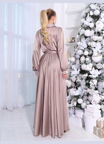 Бежева святковий, коктейльна, вечірня елегантна шовкова сукня з об'ємними рукавами на запах No Brand однотонна