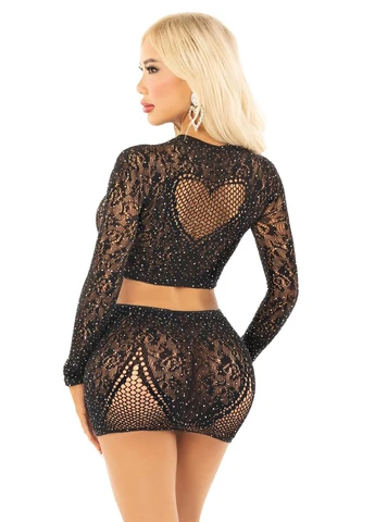 Черный демисезонный комплект rhinestone crop top и мини-юбка, черный Leg Avenue