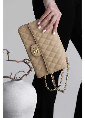 Шкіряна жіноча сумка класична Chanel Classic 2.55 Medium Double Flap in Beige/Gold бежева No Brand (369653491)