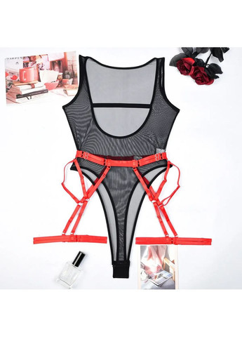 Боді з поясом і підтяжками з кісточками та кнопками в паховій зоні. Бодик із чорними підтяжками з червоним. L China (360865076)