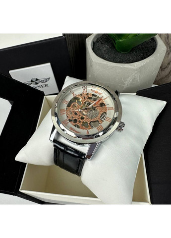 Чоловічий механічний годинник Winner Original Skeleton з прозорим механізмом чорний з білим (sku_257+К) No Brand (350906523)