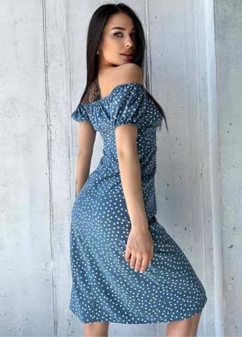 Синя повсякденний сукня міді з коротким рукавом ліхтарик Allthings в горошок