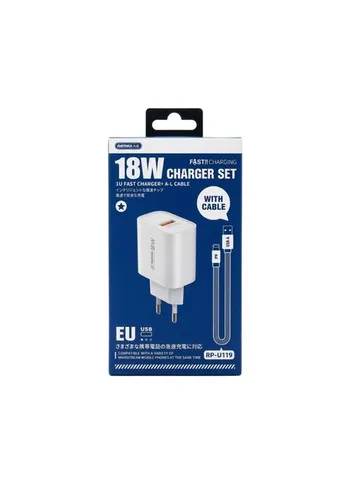 Сетевое зарядное устройство с кабелем Kiddy 18W Charger+ Cable Set EU-A-L (6954851245759) Remax RP-U119 (407303615)
