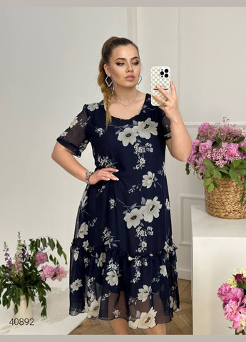Темно-синя повсякденний сукня шифонова великих розмірів Liton з квітковим принтом