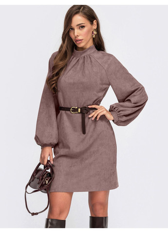 Бежевое повседневный платье из замши с объемным рукавом бежевое Dressa однотонное