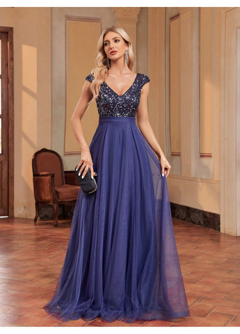 Темно-синя вечірня сукня SHEIN однотонна