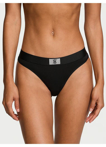Трусики-стринги женские хлопковые с логотипом Logo Cotton Shine Patch Thong Panty черные Victoria's Secret (361010409)