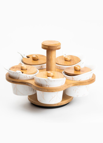 Набор для сыпучих продуктов 5 банок по 120 на бамбуковой подставке белый HP1225 Yiwu (306848847)