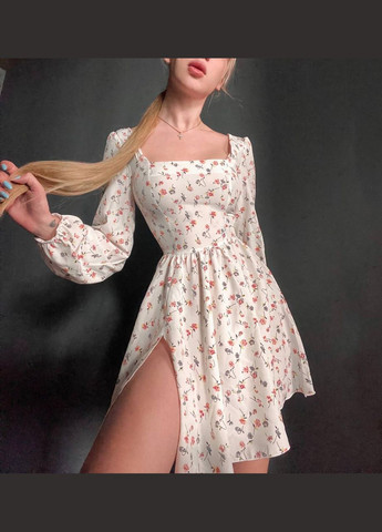 Белое повседневный, кэжуал платье с разрезами в цветочный принт колокол No Brand с цветочным принтом