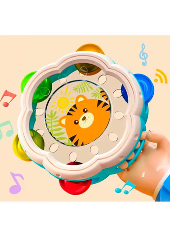 Дитячий бубон 17 см з дзвіночками та малюнком тигреня | Музичний інструмент для дітей No Brand (364553121)