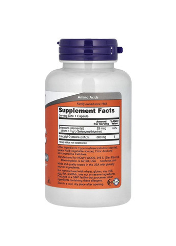 N-ацетилцистеїн NAC N-Acetyl Cysteine 600 мг 100 капсул Now Foods (359473793)