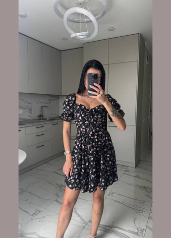 Чорна повсякденний, вечірня, кежуал жіноча сукня кльош FINO Mode з квітковим принтом