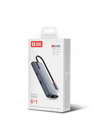Портрепликатор Docking Station USB-C 6-в-1 Type C PD 100W/USB3.0х3/USB2.0/RJ45 (CW-HUB03) Colorway