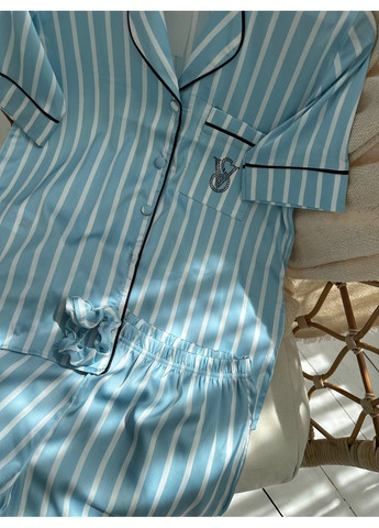 Голубая всесезон женская пижама голубая рубашка + шорты Vital-Textile 1287