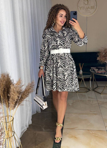 Білий повсякденний вишукана повсякденна міні сукня-сорочка на гудзиках з зебровим візерунком з поясом в комплекті сукня-сорочка Allthings зебра