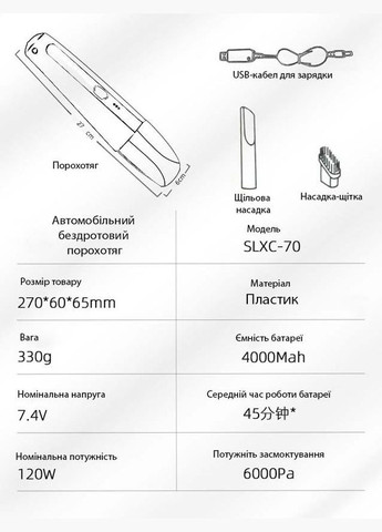 Пилосос автомобільний бездротовий ручний потужний SLXC-70 120 Вт Сірий (код: SLXC-70) Shenzhen (365865091)