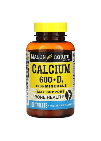 Витамины и минералы Calcium 600 mg Plus Vitamin D3 Plus Minerals, 100 таблеток Mason Natural (293480540)
