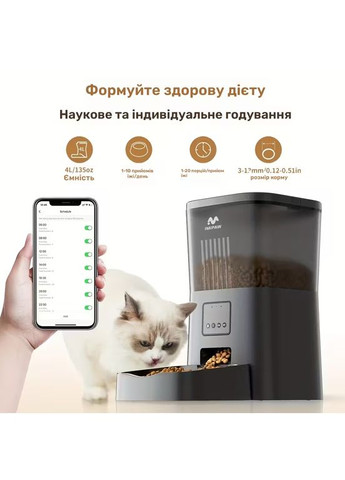 Автоматична годівниця для сухого корму з Smart Wi-fi управлінням через додаток, USB/батарея, 31х32х18см, 4 л No Brand (362231952)