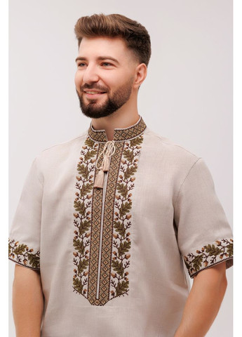 Бежевая мужская вышиванка из льняного полотна дуб (fm2789) Folk Moda (365812270)