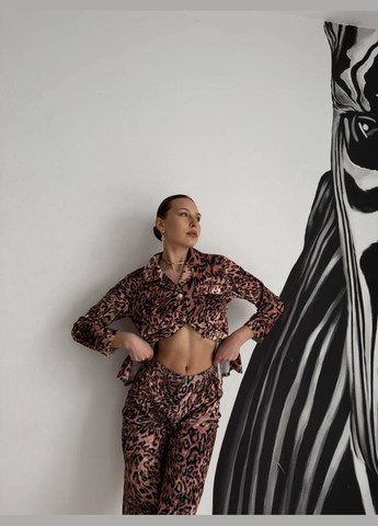 Коричневая всесезон женская пижама - домашний костюм велюр рубашка + брюки No Brand