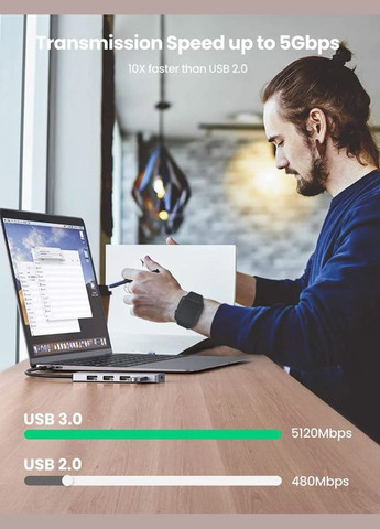 УЦЕНКА! USB-хаб CM219 USB Type-C to USB 3.0 hub 15см портативный тонкий 4-портовый Black (70336) Ugreen (316132016)