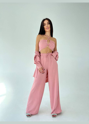 Шикарний пудровий літній костюм трійка з креп-жатки, гарний відкритий костюм, що ідеально підходить для прогулянки. No Brand 060-1 (293244758)