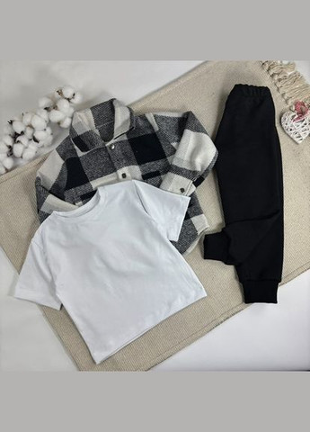 Білий демісезонний чорно-біла дитяча весняна сорочка в карту + біла футболка + чорні штани унісекс 140 No Brand