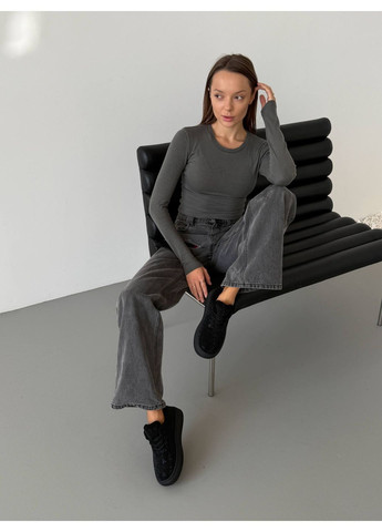 Чорні жіночі зимові кеди чорні, натуральна замша, хутро teddy, з камінцями No Brand