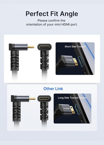 Кабель miniHDMI to HDMI 2.0 4K@60Hz 18Gbps Bi-Directional 90 Degree Up Angle 2м Jsaux (308849289)