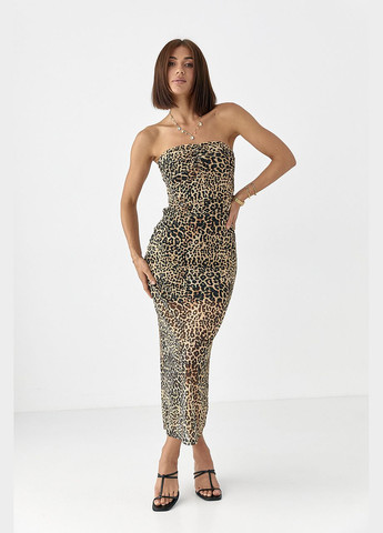 Коричнева приталена сукня міді без бретелів Lurex