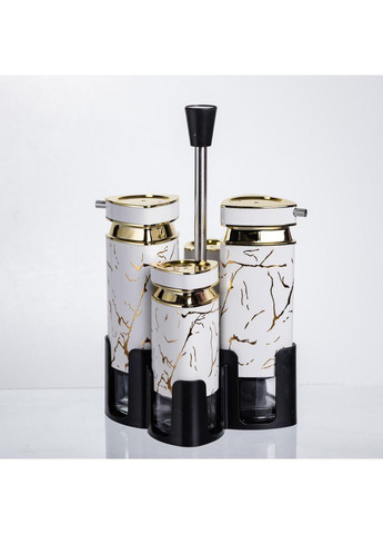 Набор баночек для специй и жидких текстур 4 предмета на подставке белый мрамор HP-1331 Yiwu (368766943)