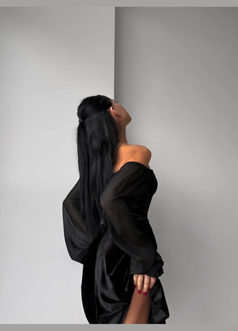 Черное коктейльное, вечернее платье бархатное с рукавами фонариками клеш No Brand однотонное