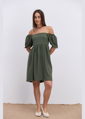 Оливкова (хакі) коротка літня сукня кольору хакі з відкритими плечима Arjen
