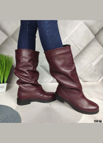 Комбіновані шкіряні чоботи демісезонні без блискавки бордового кольору No Brand